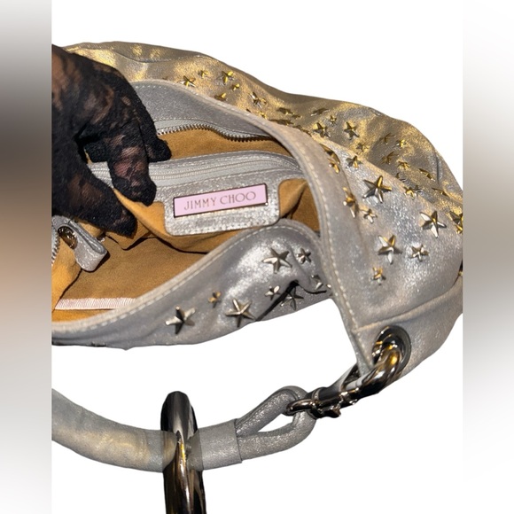 Jimmy Choo Silver Leather Star Studded Sky Bangle Hobo EUC w/ dustbag - Picture 8 of 13